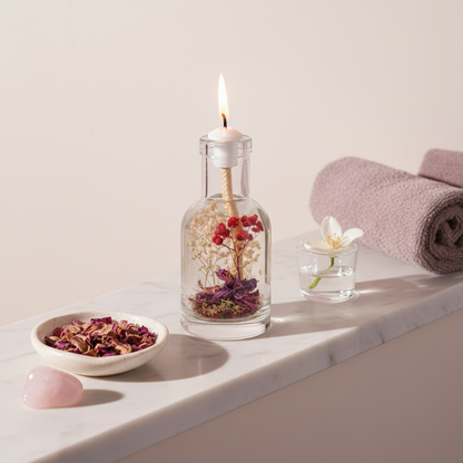 A Libra zodiac oil candle with red and white botanicals in a clear glass vessel is styled on a marble tray with rose petals, a folded towel, a small glass dish, and rose quartz in soft natural light. — for Carpe Diem Dream