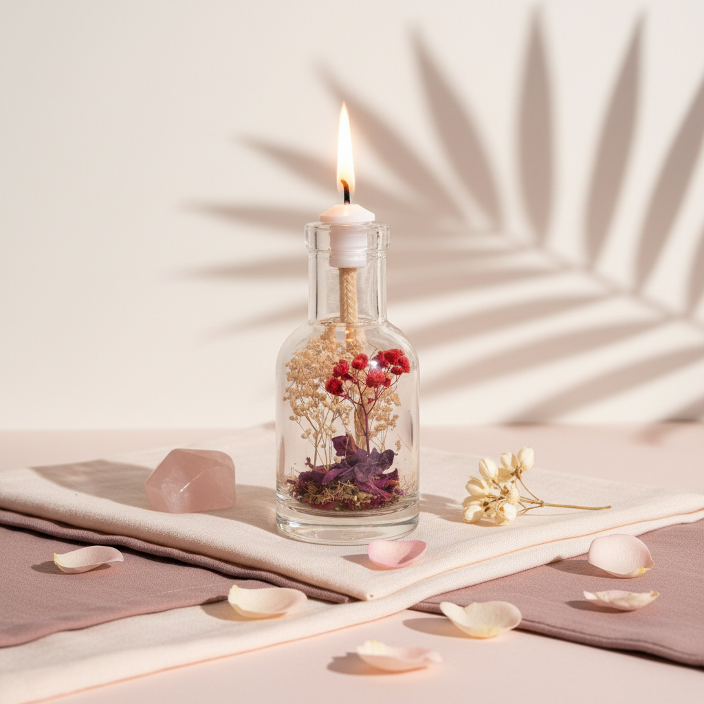 A Libra zodiac oil candle with red and white botanicals in a clear glass vessel is styled on soft fabric with rose quartz, petals, and warm botanical shadows against a neutral background. — for Carpe Diem Dream