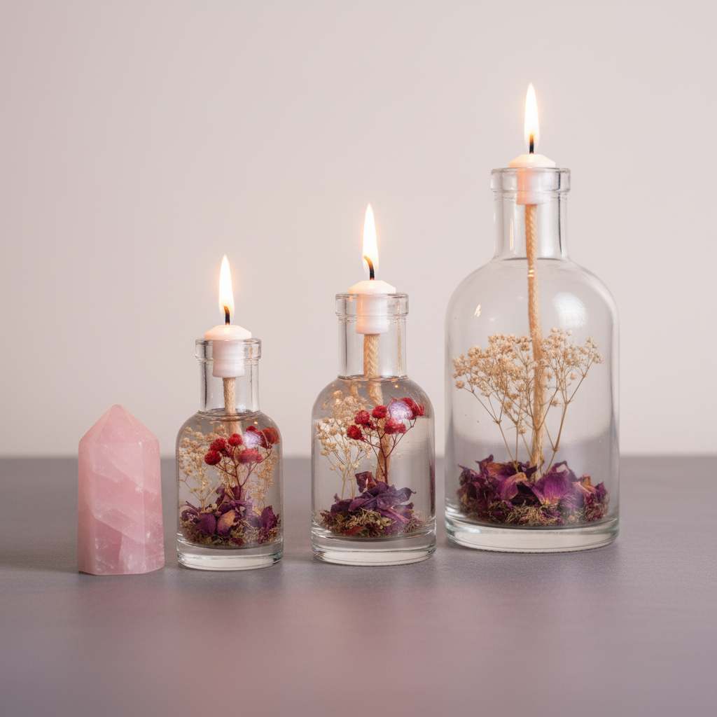 Three Libra zodiac oil candles in different sizes with red and white botanicals in clear glass vessels are displayed beside a rose quartz crystal on a neutral surface, showing size variations. — for Carpe Diem Dream