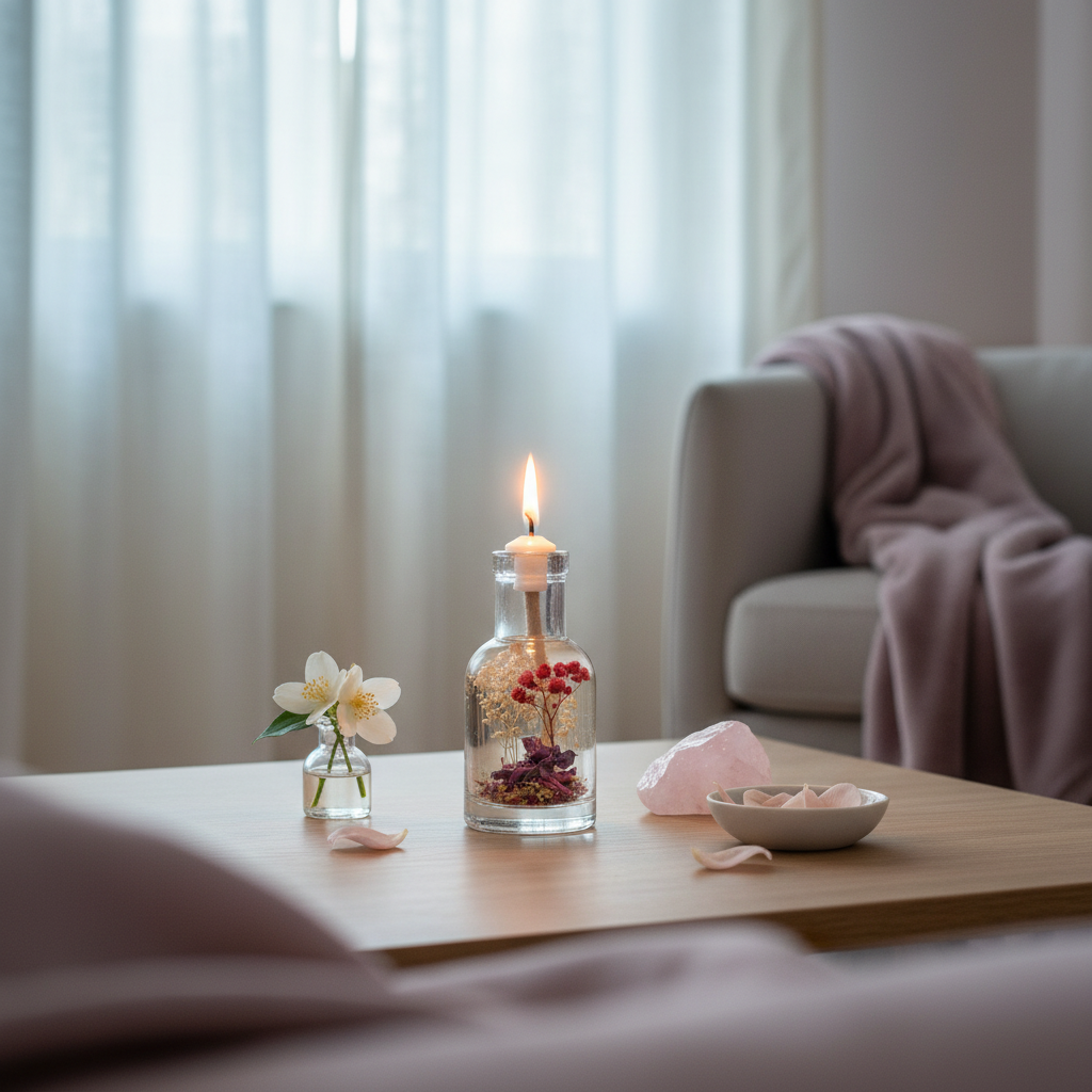 A Libra zodiac oil candle with red and white botanicals in a clear glass vessel glows on a wooden table beside rose quartz, a ceramic dish, and delicate flowers near a softly lit window. — for Carpe Diem Dream