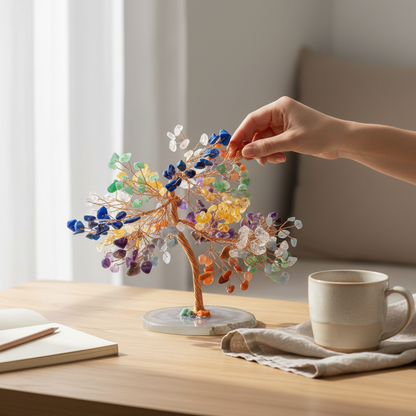 Hand reaching toward a multicolored chakra gemstone tree displayed on a wooden table beside a mug and notebook. — for Carpe Diem Dream