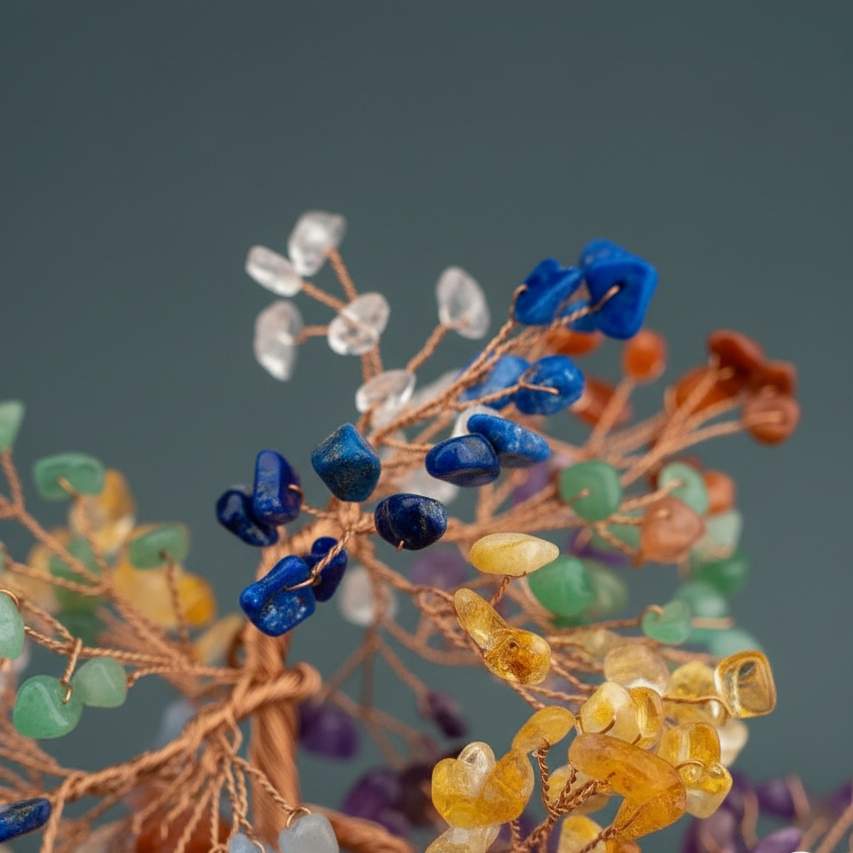 Close-up of multicolored chakra gemstone branches showing texture and wire detail. — for Carpe Diem Dream