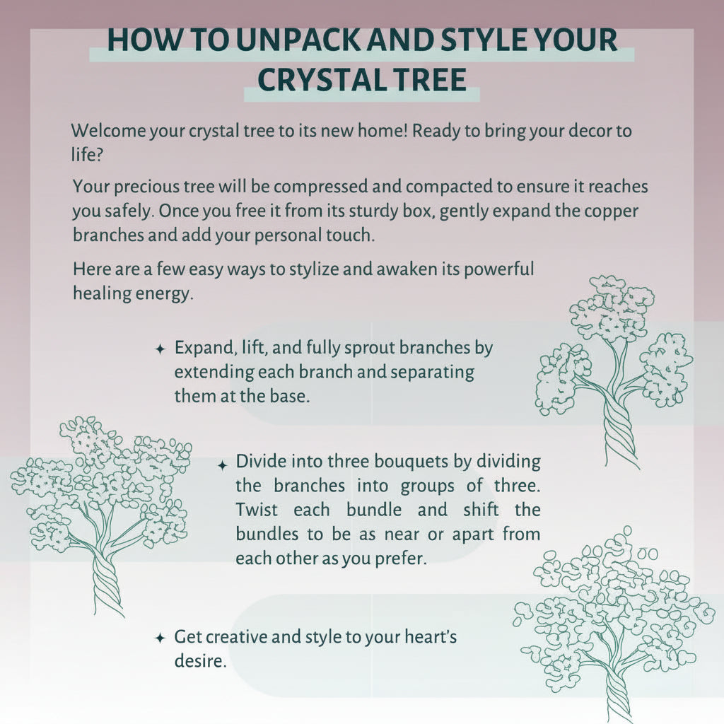 Crystal tree styling instruction card displayed in a soft pink and mint gradient layout with illustrated tree diagrams. — for Carpe Diem Dream