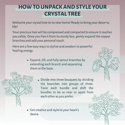 Crystal tree styling instruction card displayed in a soft pink and mint gradient layout with illustrated tree diagrams. — for Carpe Diem Dream