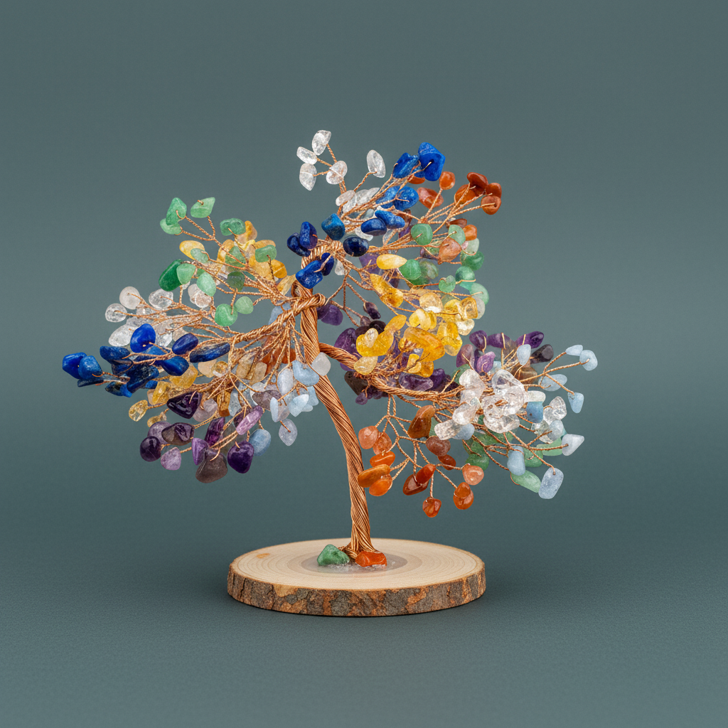 Feng Shui chakra tree with multicolored gemstone branches displayed on a soft teal studio backdrop. — for Carpe Diem Dream