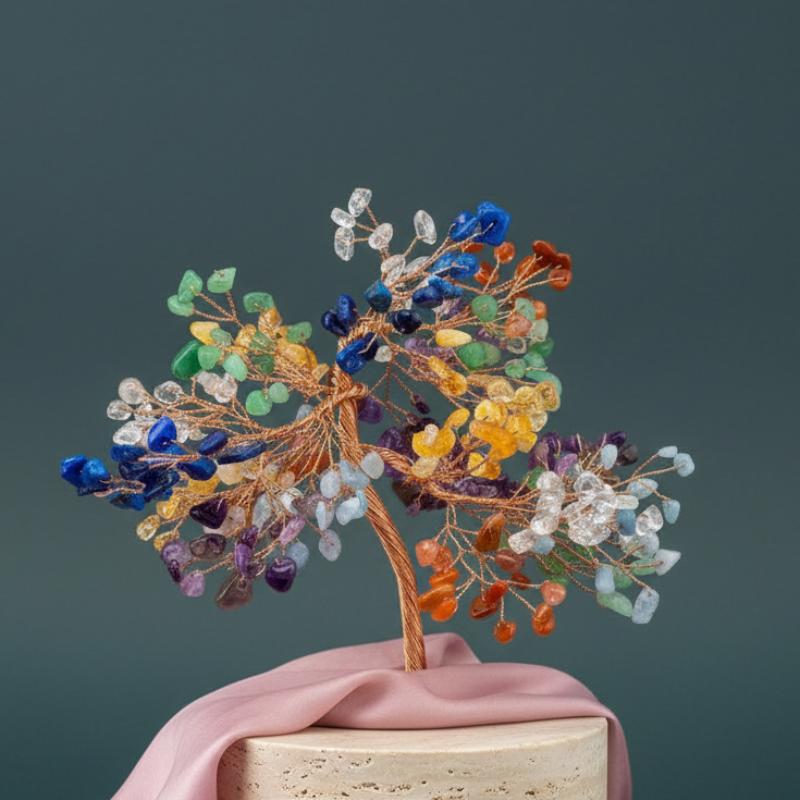 Gemstone chakra tree displayed on a stone prop draped with soft pink fabric against a muted teal backdrop. — for Carpe Diem Dream