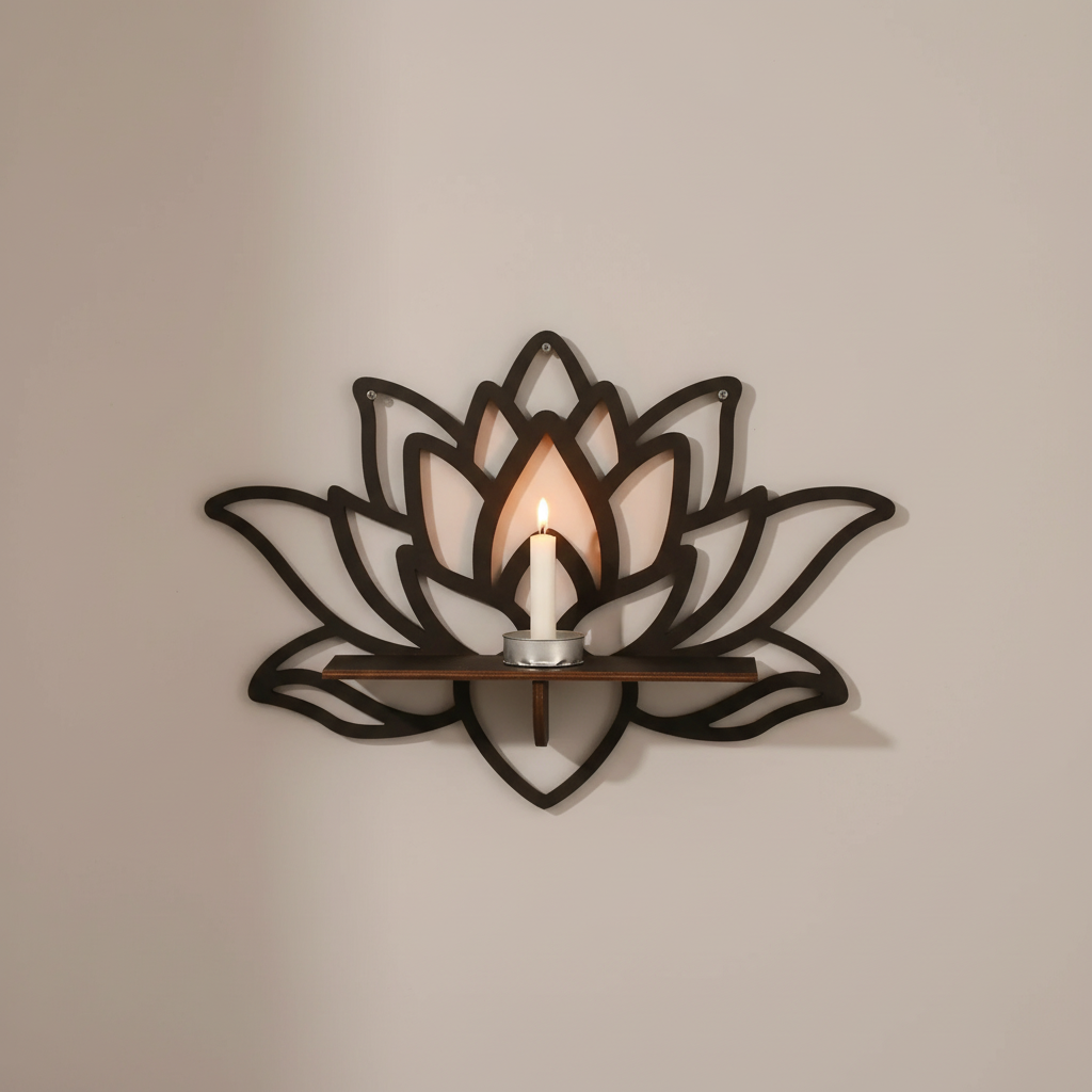 A lotus-shaped floating wall shelf mounted on a neutral wall holding a lit candle on the shelf. — for Carpe Diem Dream