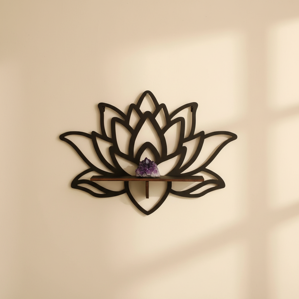 A lotus-shaped floating wall shelf mounted on a neutral wall holding a small crystal on the shelf. — for Carpe Diem Dream