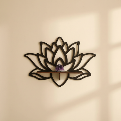 A lotus-shaped floating wall shelf mounted on a neutral wall holding a small crystal on the shelf. — for Carpe Diem Dream