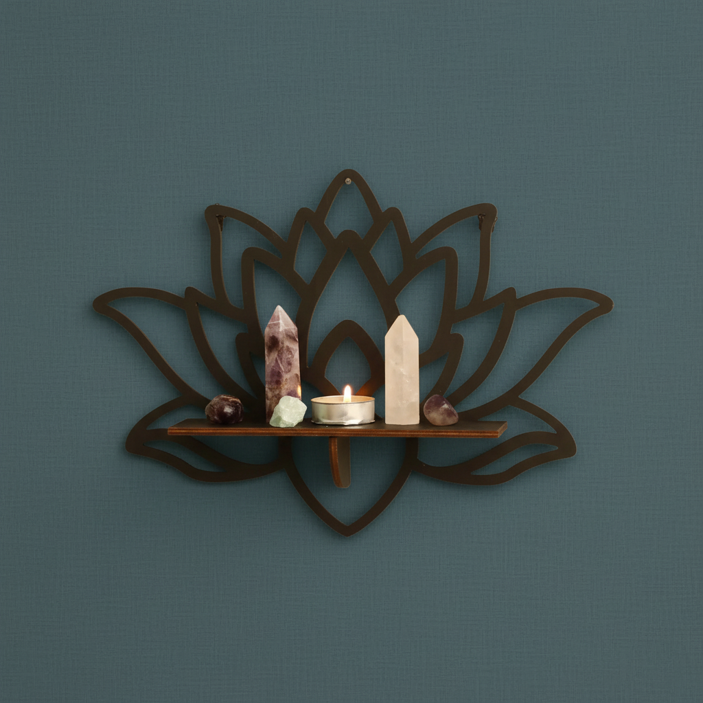 A lotus-shaped floating wall shelf mounted on a wall holding crystals and a candle in a calm, softly lit space. — for Carpe Diem Dream