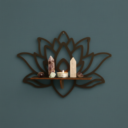 A lotus-shaped floating wall shelf mounted on a wall holding crystals and a candle in a calm, softly lit space. — for Carpe Diem Dream