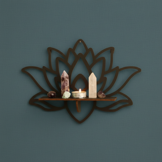 A lotus-shaped floating wall shelf mounted on a wall holding crystals and a candle in a calm, softly lit space. — for Carpe Diem Dream