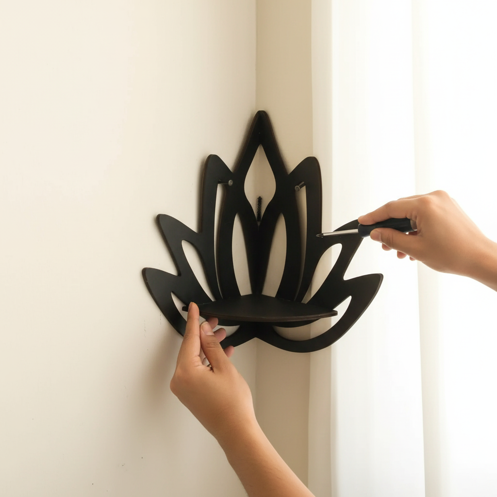 A lotus-shaped floating wall shelf being installed on a wall with hands adjusting it into place. — for Carpe Diem Dream
