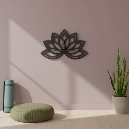 A lotus-shaped floating wall shelf mounted on a wall in a calm meditation space with a cushion, plant, and yoga mat nearby. — for Carpe Diem Dream