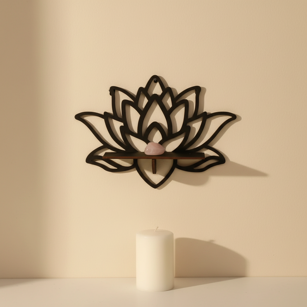 A lotus-shaped floating wall shelf mounted on a neutral wall holding a crystal with a candle placed below on a clean surface. — for Carpe Diem Dream