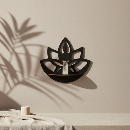 A lotus-shaped floating wall shelf mounted on a neutral wall holding a crystal with soft botanical shadows cast across the surface. — for Carpe Diem Dream