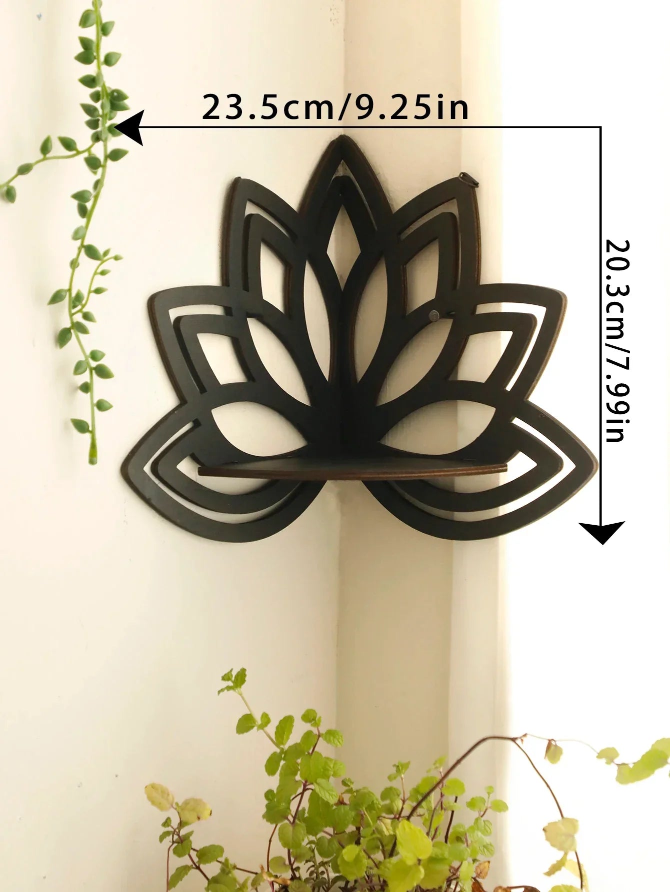 A black lotus-shaped wall shelf mounted in a corner with visible dimensions labeled approximately 23.5 cm wide and 20.3 cm tall with greenery in the scene. — for Carpe Diem Dream