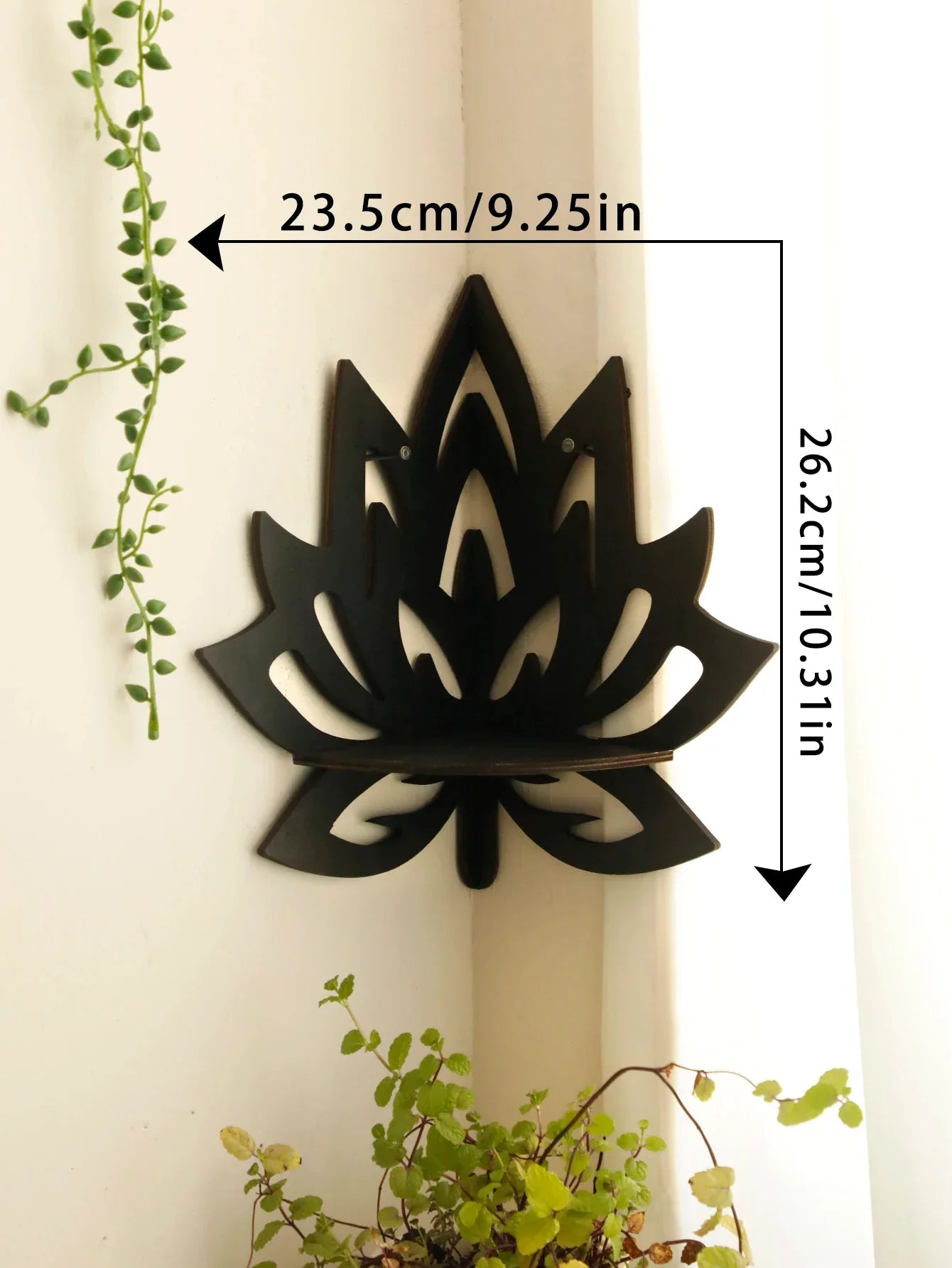 A black lotus-shaped wall shelf mounted in a corner with visible dimensions labeled approximately 23.5 cm wide and 26.2 cm tall with greenery in the scene. — for Carpe Diem Dream
