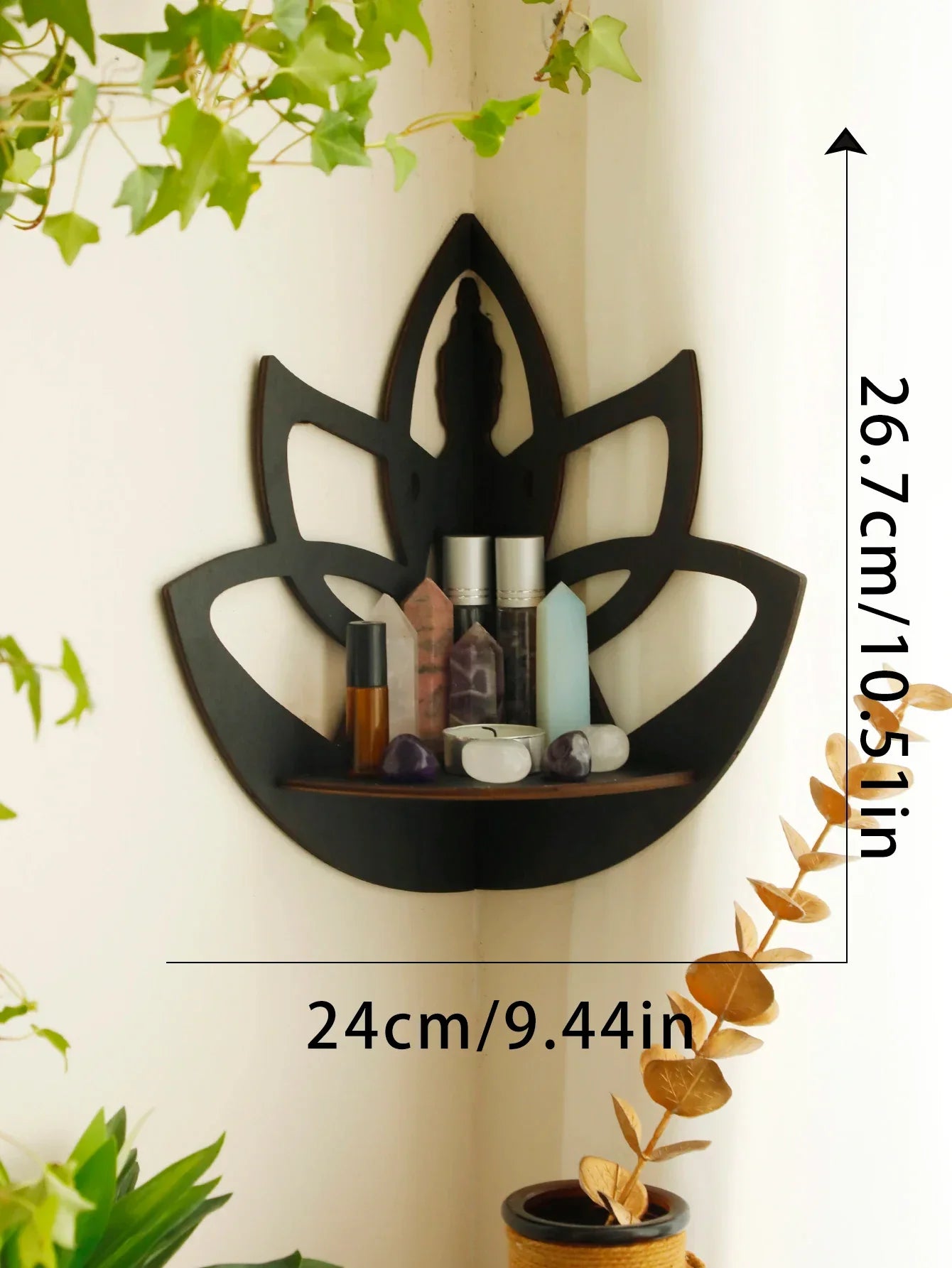 A black lotus-shaped wall shelf mounted in a corner holding small items with visible dimensions labeled approximately 24 cm wide and 26.7 cm tall with plants in the scene. — for Carpe Diem Dream