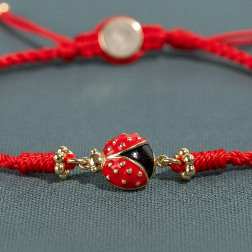 A close-up of a gold-plated ladybug charm on a red string bracelet displayed on a muted teal surface. — for Carpe Diem Dream