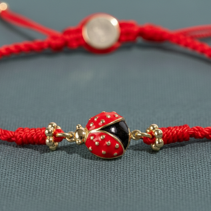 A close-up of a gold-plated ladybug charm on a red string bracelet displayed on a muted teal surface. — for Carpe Diem Dream