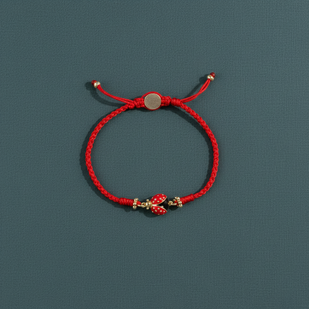 A red string bracelet with a gold-plated ladybug charm displayed on a muted teal surface in soft natural light. — for Carpe Diem Dream