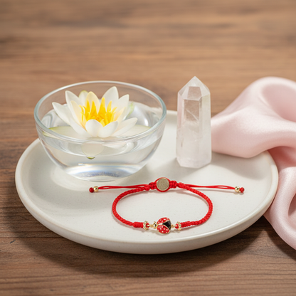 A red string bracelet with a gold-plated ladybug charm displayed on a round white tray beside a lotus blossom bowl, a clear quartz point, and soft blush satin on a wooden surface. — for Carpe Diem Dream