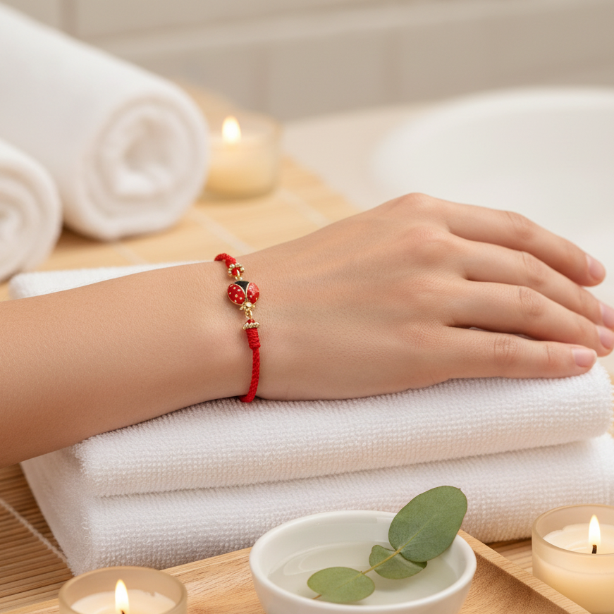A red string bracelet with a gold-plated ladybug charm shown on a relaxed wrist resting atop folded white spa towels beside lit candles, eucalyptus leaves, and a warm serene backdrop. — for Carpe Diem Dream