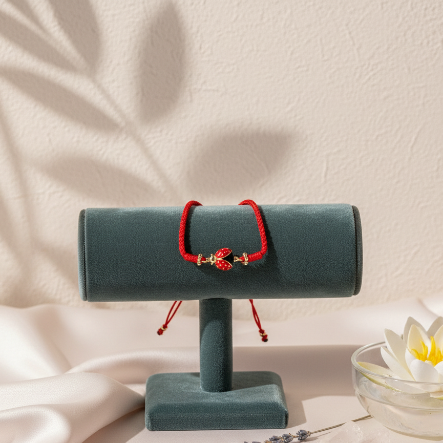 A red string bracelet with a gold-plated ladybug charm displayed on a teal velvet stand beside a floating lotus blossom in soft natural light. — for Carpe Diem Dream