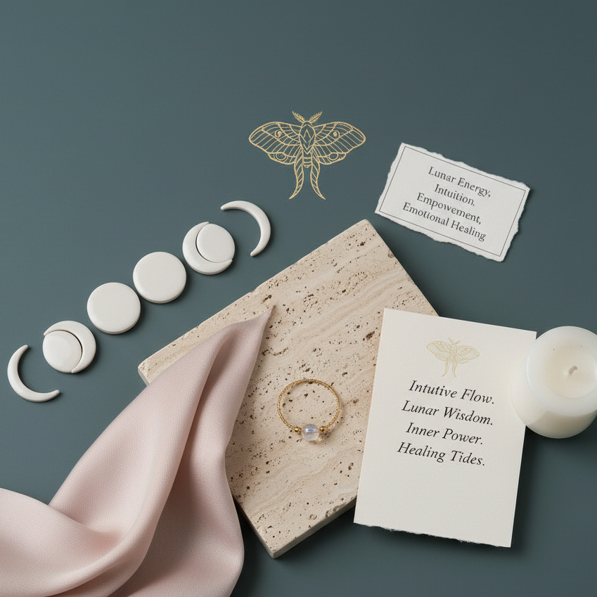 Gold moonstone ring displayed on travertine slab with moon phase décor, affirmation cards, and soft candle styling against sage backdrop. — for Carpe Diem Dream