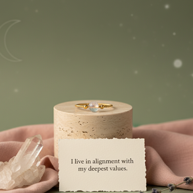 Gold moonstone ring displayed on travertine pedestal with affirmation card and clear quartz cluster against soft sage backdrop. — for Carpe Diem Dream