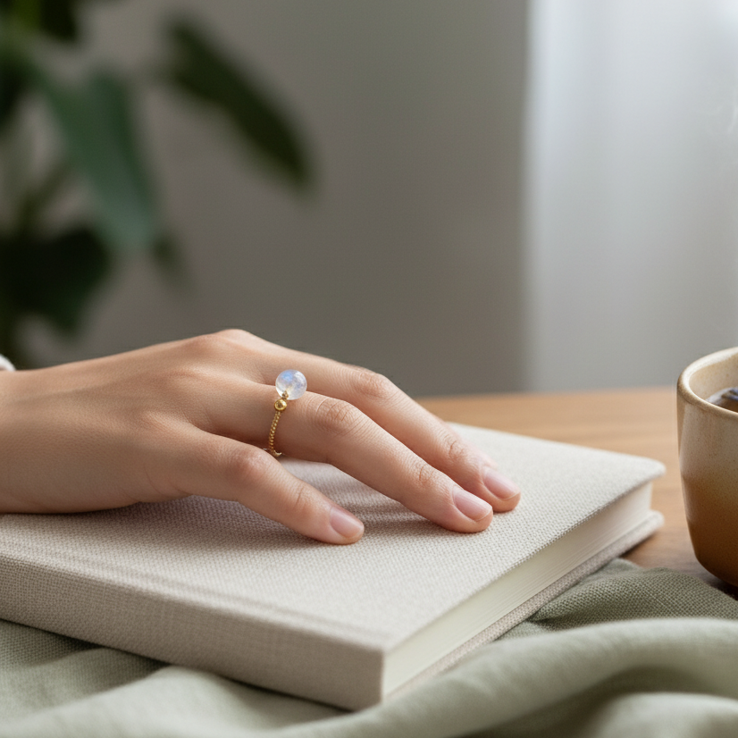 Moonstone crystal ring with twisted gold band worn on hand resting over closed journal in soft morning light. — for Carpe Diem Dream