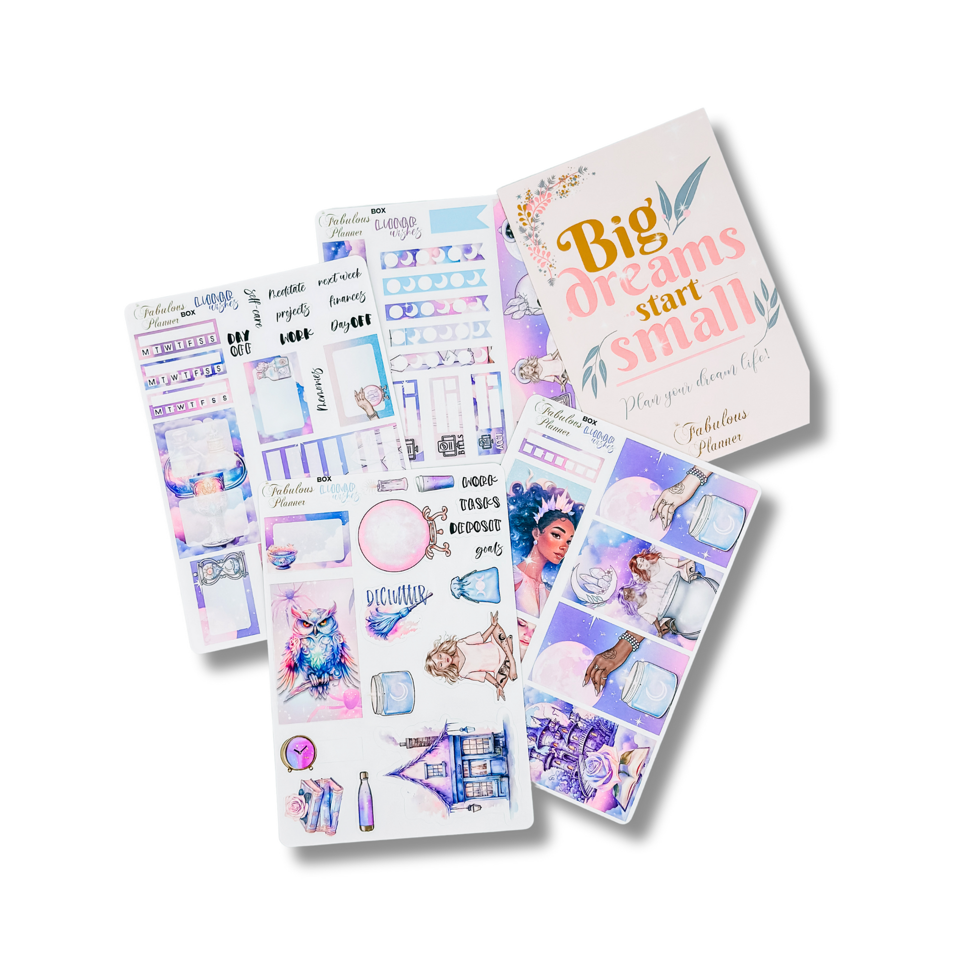 Four 4x6 lunar wishes planner sticker sheets featuring moon phases, crystals, goddess illustrations, and celestial designs displayed on a white background — for Carpe Diem Dream