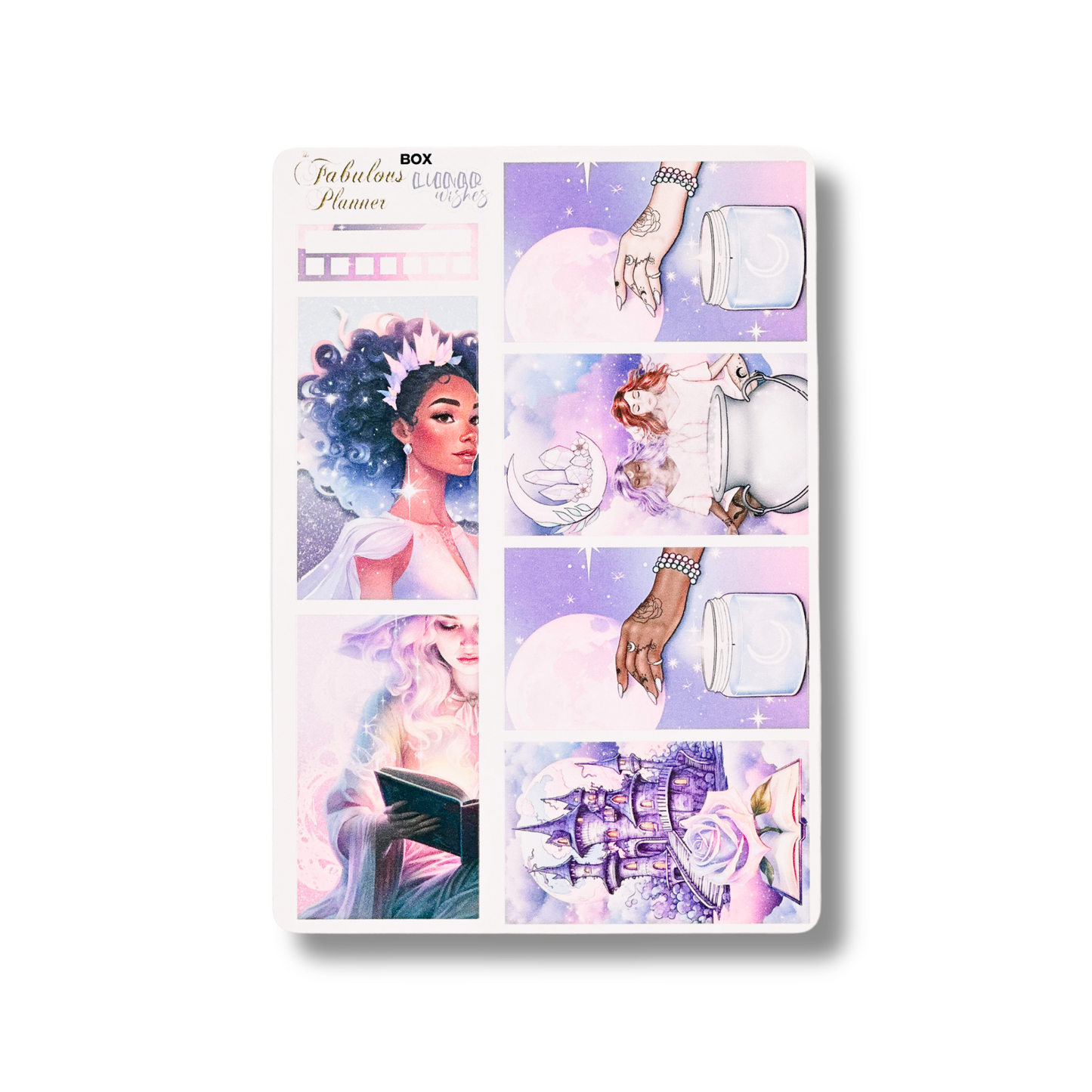 4x6 lunar wishes goddess planner sticker sheet featuring illustrated women, moon phases, crystal motifs, and celestial scenes on a white background — for Carpe Diem Dream