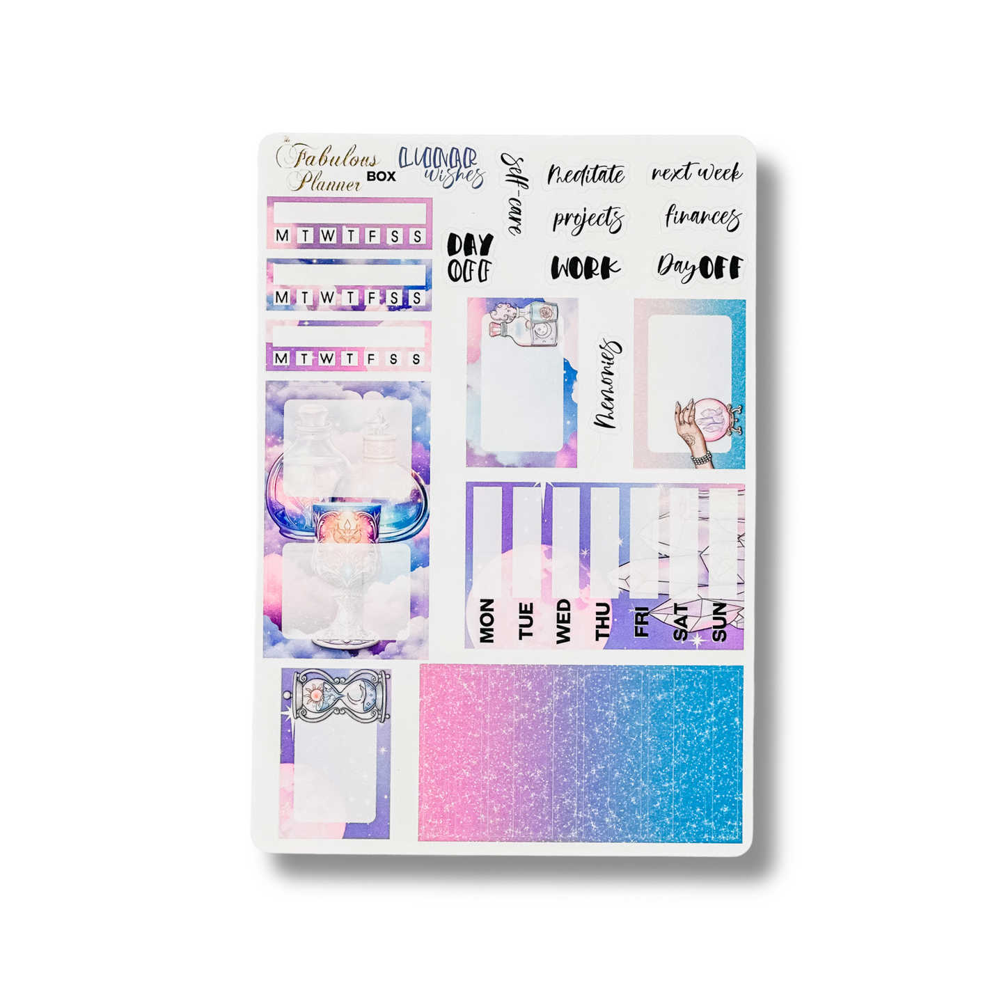 4x6 lunar wishes goddess planner sticker sheet featuring moon phase headers, weekly labels, gradient boxes, and celestial planning elements on a white background — for Carpe Diem Dream