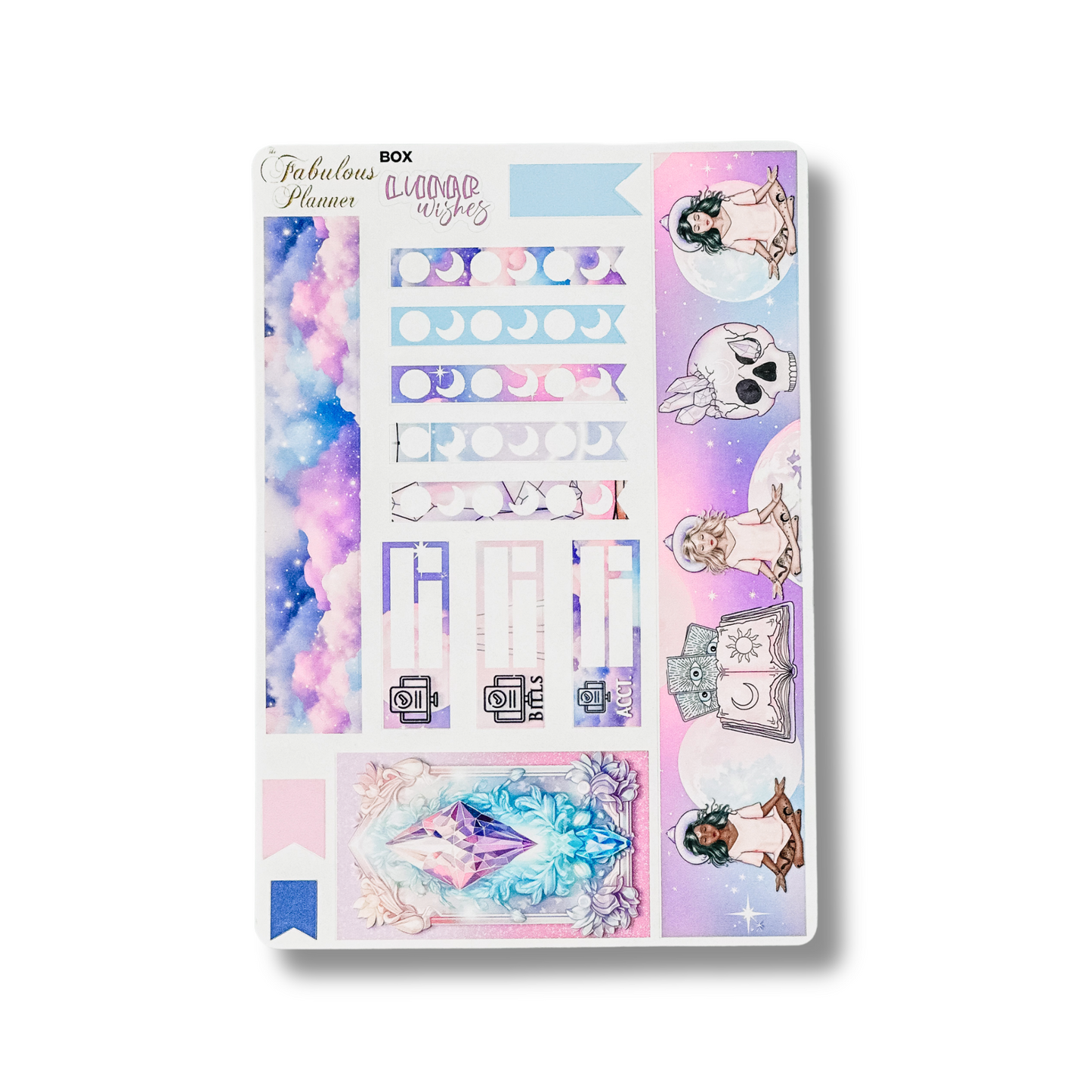 4x6 lunar wishes goddess planner sticker sheet featuring moon phase strips, celestial boxes, crystal artwork, and pastel goddess illustrations on a white background — for Carpe Diem Dream