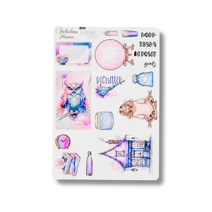 4x6 lunar wishes goddess planner sticker sheet featuring illustrated owl, goddess figure, crystal ball, celestial icons, and decorative planning labels on a white background — for Carpe Diem Dream