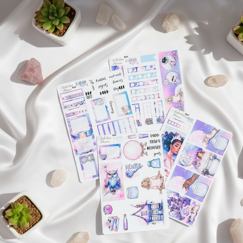 Four 4x6 lunar wishes goddess planner sticker sheets featuring moon phases, crystals, celestial artwork, and illustrated women arranged on white draped fabric with crystals and succulents — for Carpe Diem Dream