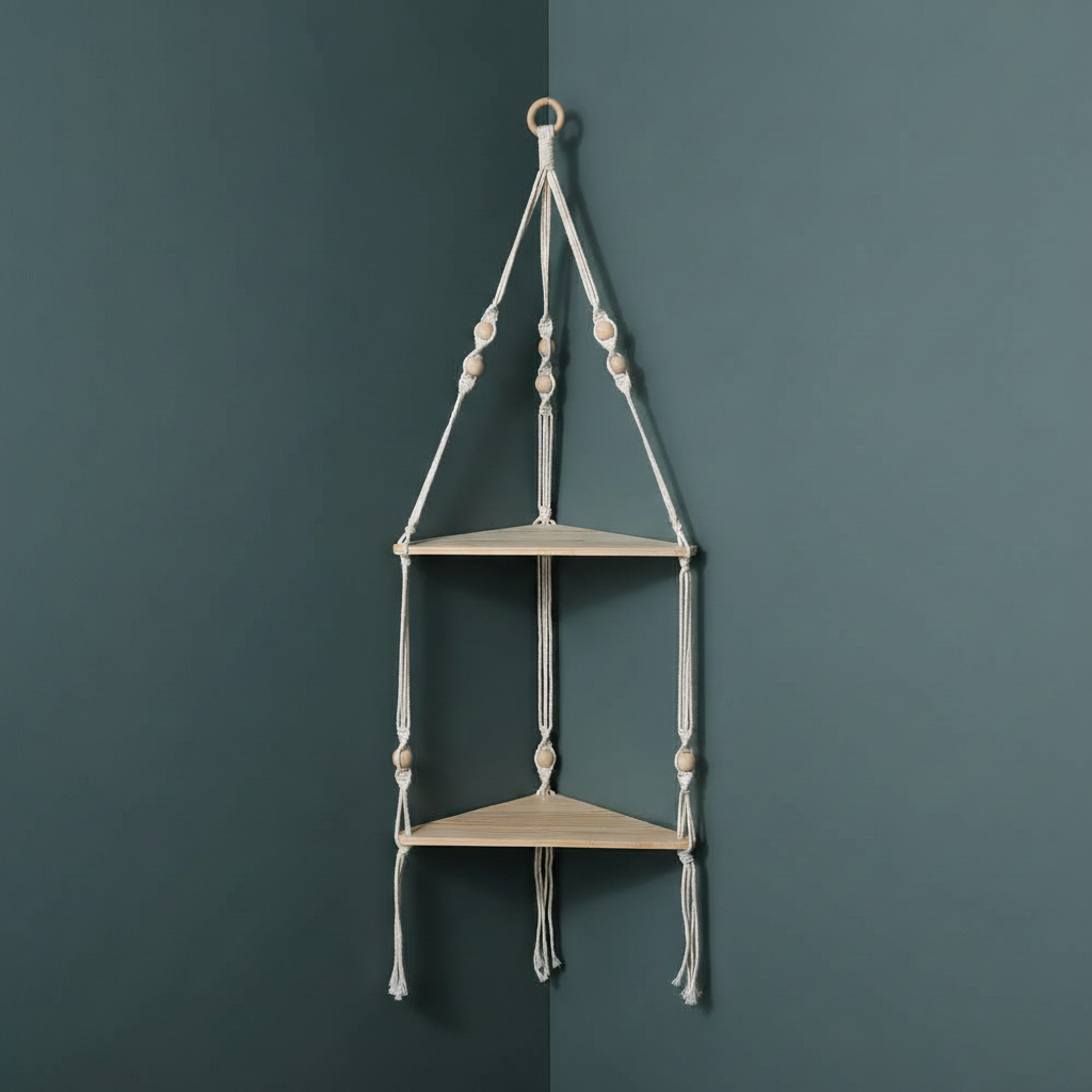 A macrame corner wall shelf with two wooden tiers is displayed hanging against a muted teal wall with soft natural light. — for Carpe Diem Dream