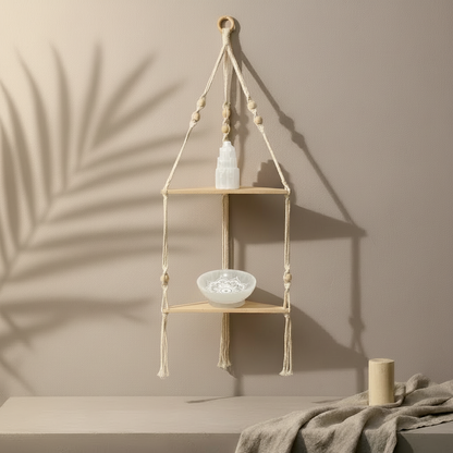 A macrame corner wall shelf with wooden tiers is styled with a ceramic bowl and bottle on a linen surface with a soft botanical shadow on the wall. — for Carpe Diem Dream