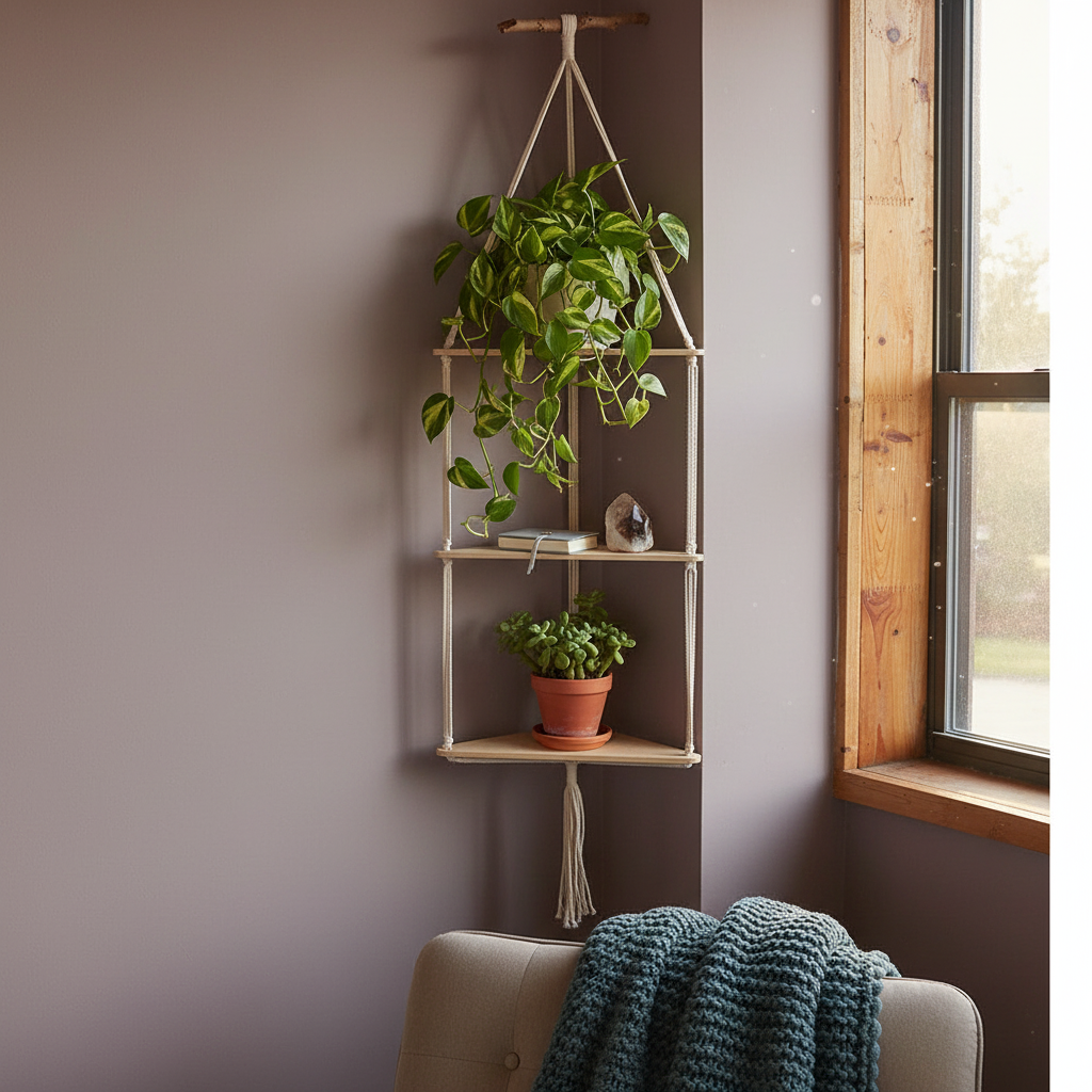 A macrame corner wall shelf styled with cascading plants and natural decor is displayed beside a sunlit window above a cozy chair in a calm home setting. — for Carpe Diem Dream