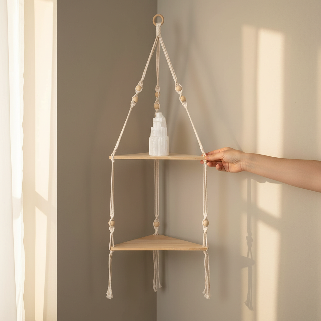 A hand adjusts a macrame corner wall shelf with wooden tiers hanging against a neutral wall in soft natural light, demonstrating its placement and use. — for Carpe Diem Dream