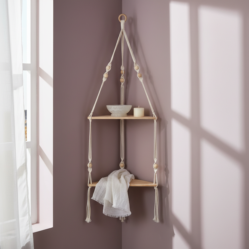 A macrame corner wall shelf styled with folded fabric and minimal decor is displayed against a mauve wall with soft natural light streaming through a nearby window. — for Carpe Diem Dream