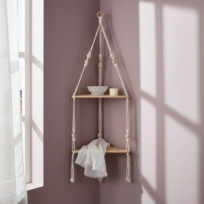 A macrame corner wall shelf styled with folded fabric and minimal decor is displayed against a mauve wall with soft natural light streaming through a nearby window. — for Carpe Diem Dream