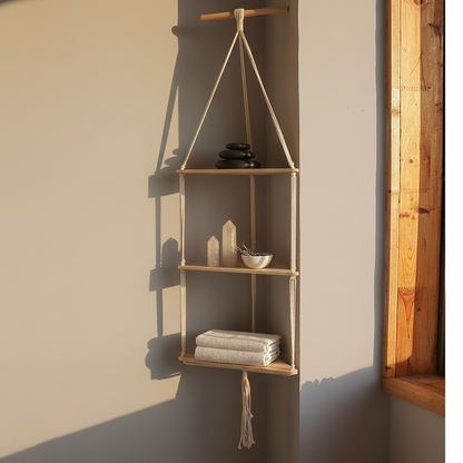 A macrame corner wall shelf styled with crystals, folded textiles, and natural decor is displayed in warm sunlight casting soft shadows in a calm home setting. — for Carpe Diem Dream