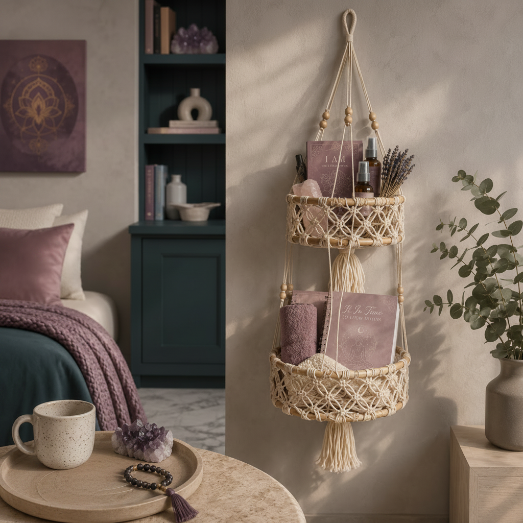Double-tier macrame hanging wall basket styled with CDD-inspired journals, wellness bottles, mauve linens, crystals, and dark teal room accents. — for Carpe Diem Dream