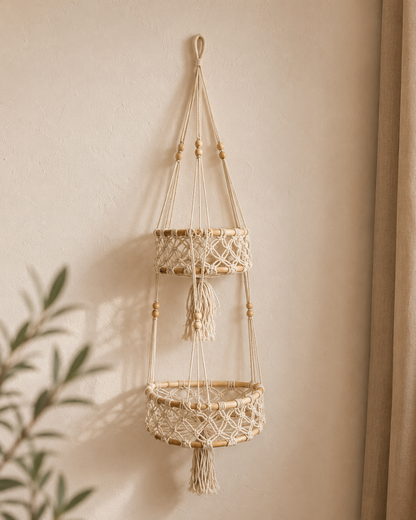 Double-tier macrame hanging wall basket with rattan baskets and cotton cord against a neutral wall. — for Carpe Diem Dream