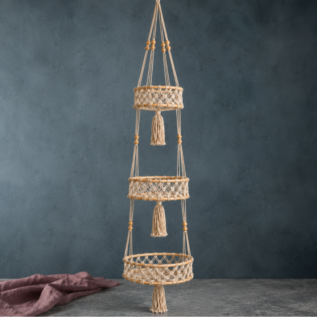 Triple-tier macrame hanging wall basket professionally photographed with rattan rings, cotton cord, and mauve linen on a cool blue-gray studio backdrop. — for Carpe Diem Dream