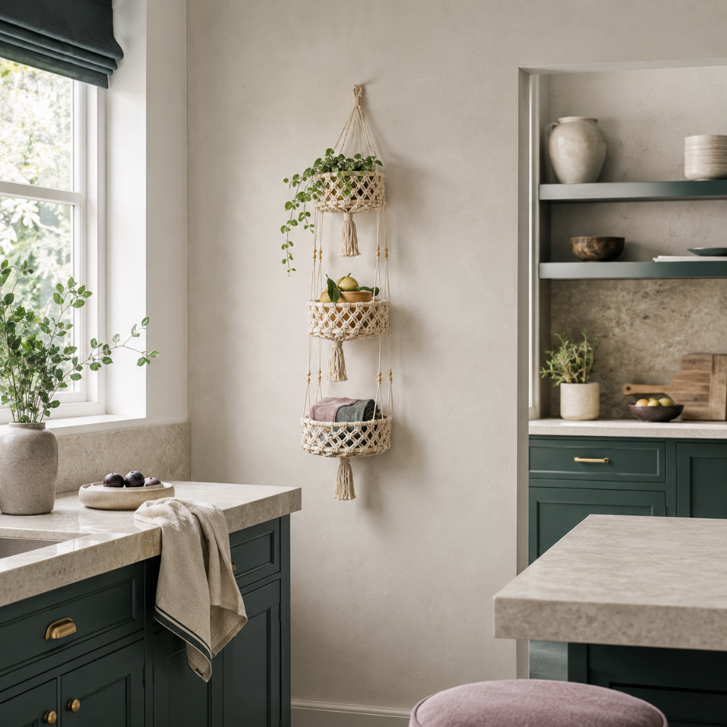 Triple-tier macrame hanging wall basket styled in a refined kitchen with dark teal cabinetry, stone counters, and everyday essentials. — for Carpe Diem Dream