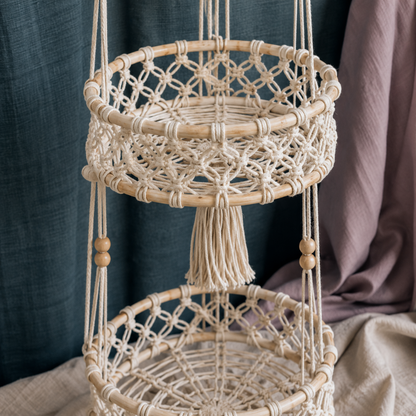 Close-up of triple-tier macrame hanging wall basket with rattan rings, cotton cord, wooden beads, and woven knotwork. — for Carpe Diem Dream
